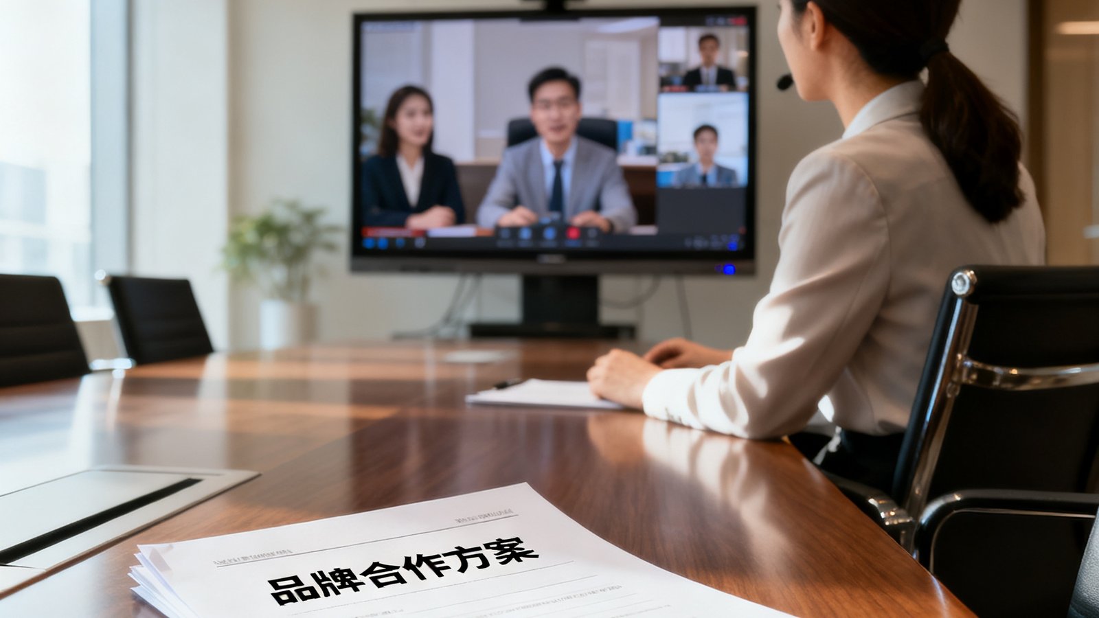 一位干练的女性运营总监在会议室中通过视频连线与合作伙伴沟通，桌上放着品牌合作方案文件